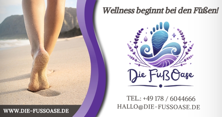 Bauzaunbanner für Die FußOase mit Wellnessmotiv, Logo und dem Slogan „Wellness beginnt bei den Füßen“