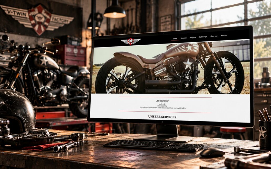 Website der V-Twin Factory mit großformatiger Custombike-Fotografie, schwarzer Navigation und Informationen zu den Werkstattleistungen.