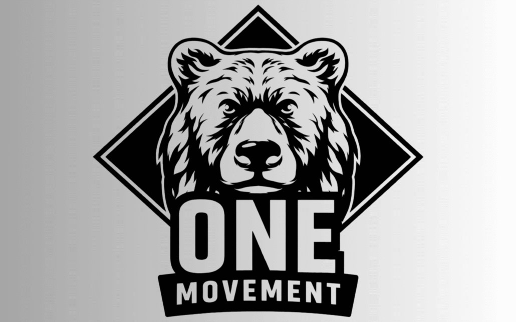 Schwarz-weißes ONE Movement Logo mit illustriertem Bärenkopf, geometrischer Rautenform und markantem Schriftzug.