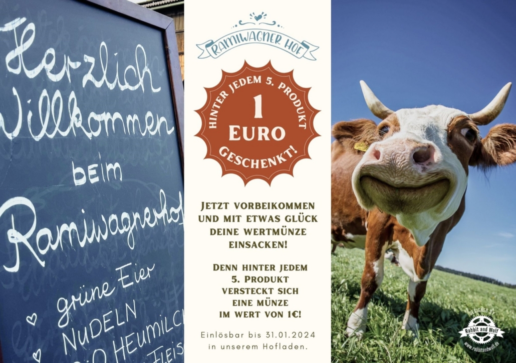 Printdesign für eine Werbeaktion des Ramiwagner Hofs mit handbeschrifteter Tafel, Aktionsgrafik und Kuh auf einer Wiese.