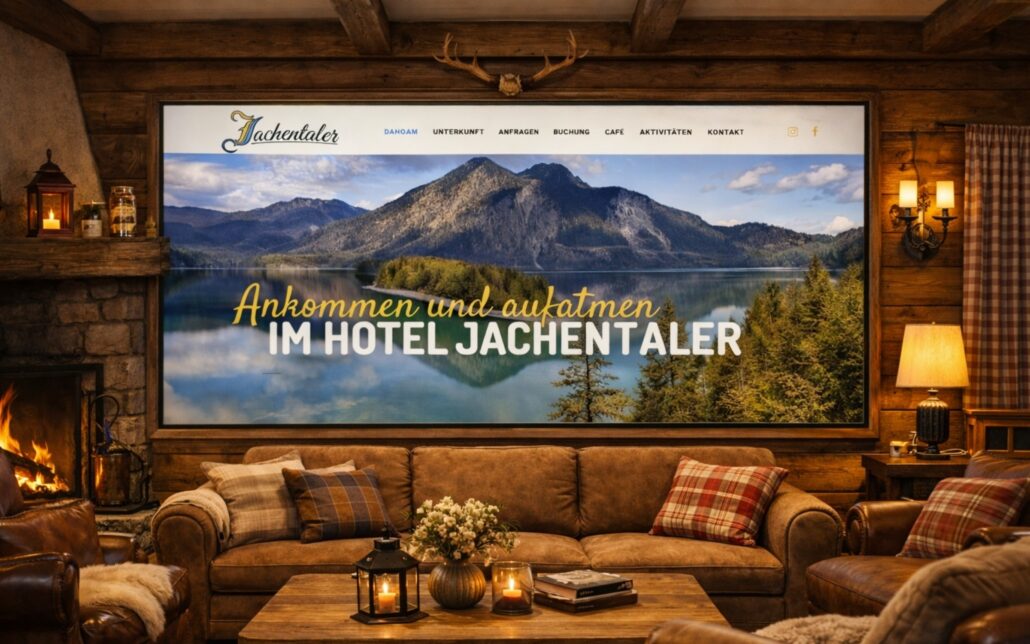 Website des Hotels Jachentaler auf einem großen Bildschirm in einer gemütlichen Hotellounge mit Kamin und Holzmöbeln.